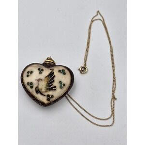 Vintage Cloisonne Enamel Heart Snuff Bottle Necklace Bird Floral Asian Import